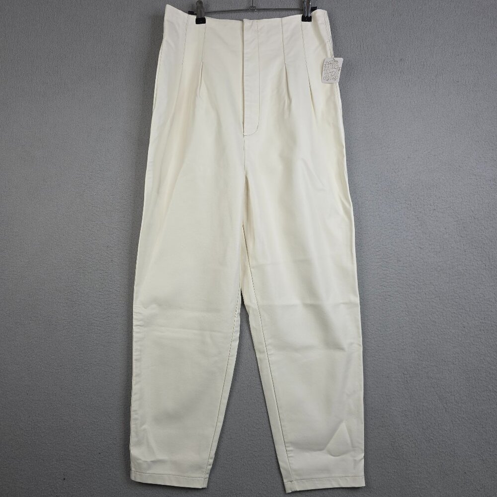 Free People Pants Womens 10 Ivory Cecily Pleated Vegan Faux Leather Barrel NWT